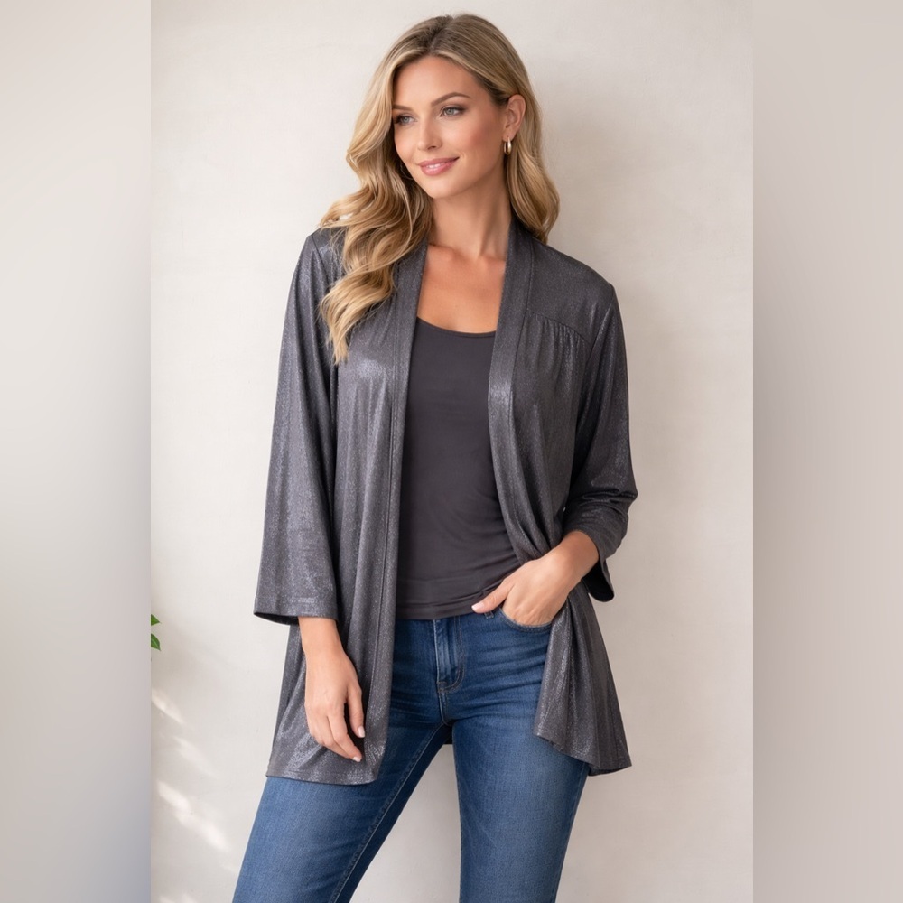 Chico's Bronzed Metallic Open Front Asymmetrical Hem Light Cardigan size 3